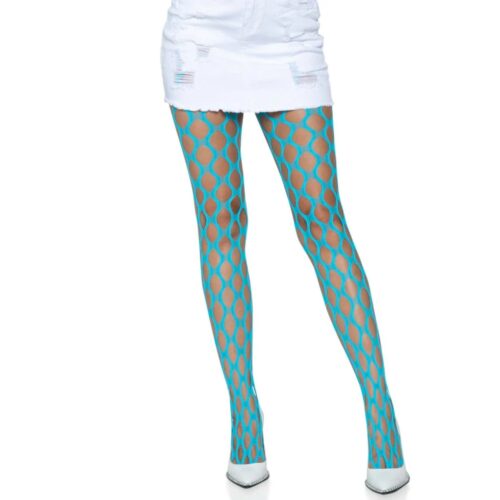 Teal fishnet tights worn with a white mini skirt