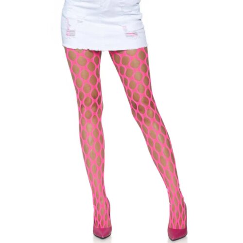 Model in pink fishnet tights with a diamond pattern, white mini skirt, and pink heels