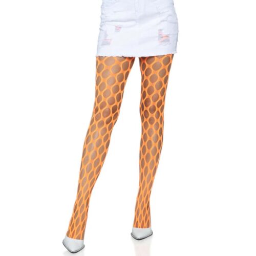 Model in orange fishnet tights and white mini skirt