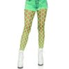 Model wearing green fishnet tights and denim shorts