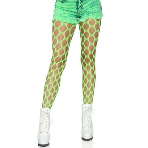 Model wearing green fishnet tights and denim shorts