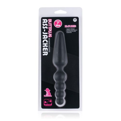 Explore new sensations with the 'Ass-Jacker' butt plug, designed for hygienic and pleasurable experiences. Black silicone butt plug 'Ass-Jacker' with dual head design
