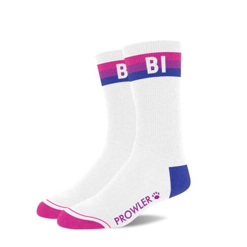 Show Your Pride With These Stylish And Colorful Socks. A Pair Of White Socks With Pink And Blue Stripes, Featuring The Letters 'Bi', Available At The Loving Company.