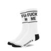 A pair of white socks with black lettering that says 'FUCK ME'