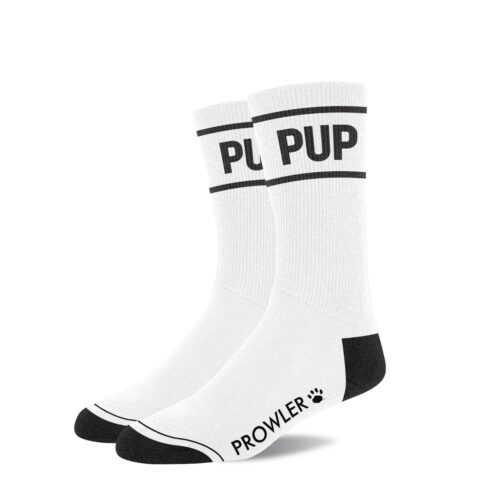 White socks with 'PUP' printed on the cuff