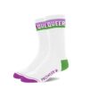 A pair of white socks with the word 'QUEER' in purple and green