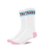 A pair of white socks with black 'TRAN' text and blue and pink stripes