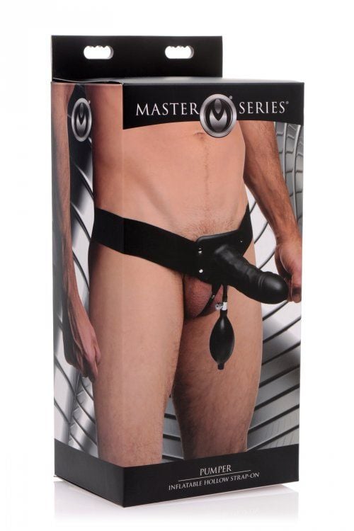 Master Series Pumper Inflatable Hollow Strap-On - Black, 7inch