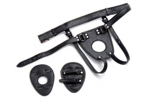 Black leather harness with adjustable straps and removable components