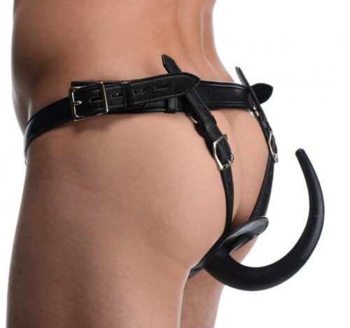 Master Series anal plug harness in black leather-like material with adjustable straps and locking buckles