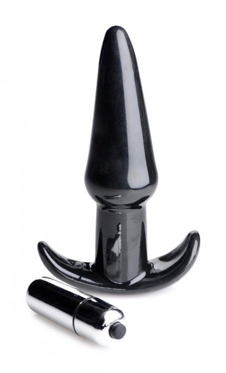 Sleek black smooth vibrating anal plug with a tapered tip and flared base