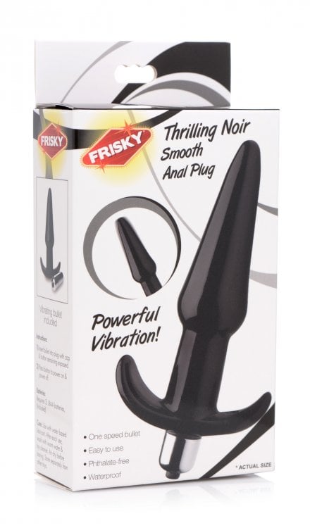 Frisky Thrilling Noir Smooth Vibrating Anal Plug packaging, showcasing the product and fe