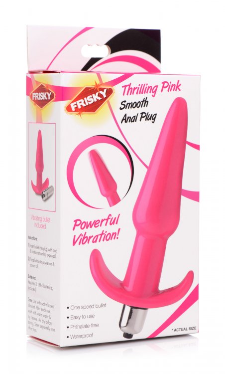 Frisky Thrilling Pink Anal Plug packaging, featuring a smooth design and a vibrating bullet