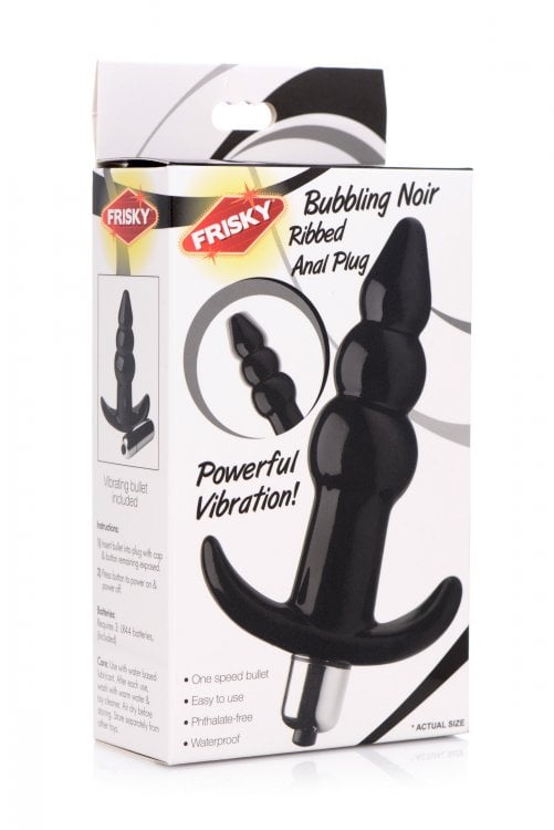 Explore new sensations with the Frisky Bubbling Noir Ribbed Vibrating Anal Plug. Frisky Bubbling Noir Ribbed Vibrating Anal Plug in packaging