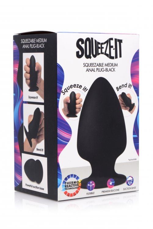 Black squeezable anal plug packaging with features shown