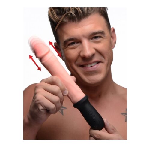 Vibrating and thrusting dildo with handle, 7.5 inch vanilla color
