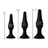 Three black silicone anal plugs with sizes marked