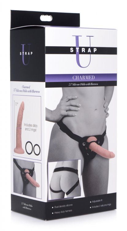 ag425-packaging-002_414x750jpg Strap U Charmed Silicone Dildo With Harness - Flesh, 7.5inch