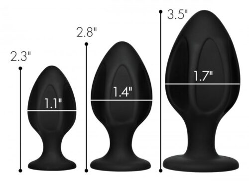 Three black silicone butt plugs in varying sizes