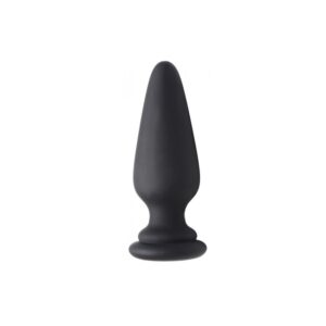 Discover pleasure with this elegant black silicone butt plug. A sleek black silicone butt plug, featuring a tapered design and smooth surface