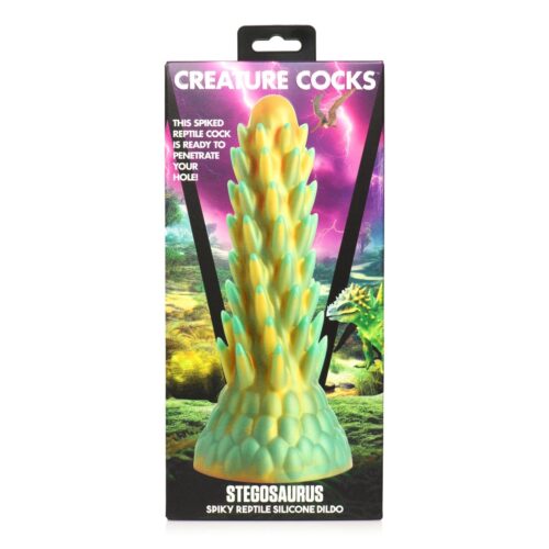 Creature Cocks Stegosaurus Spiky Reptile Silicone Dildo - Green/Gold, 7.6inch