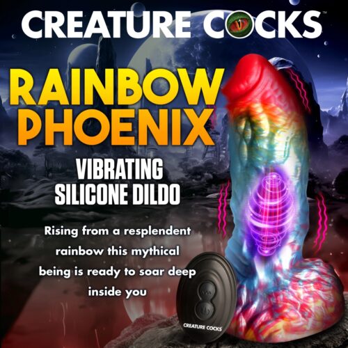 Vibrant multicolored silicone dildo with a mythical design