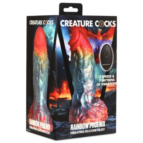 Rainbow Phoenix Vibrating Silicone Dildo in multicolor packaging