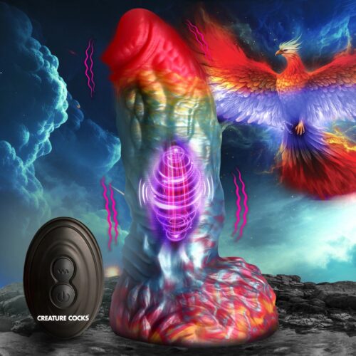 Colorful silicone dildo with a rainbow design and a vibrating feature