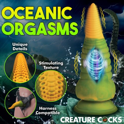 Creature Cocks Monstropus 2.0 silicone dildo in yellow and green, showcasing unique textu