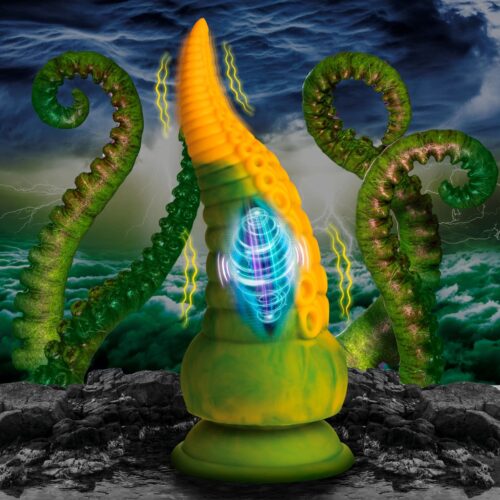 Vibrant yellow and green silicone tentacle dildo with a glowing orb