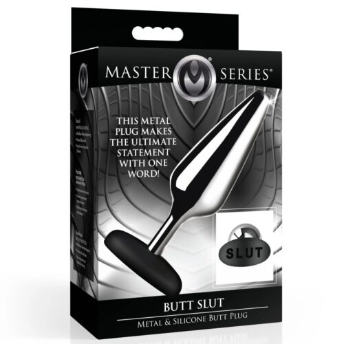 Butt plug packaging with 'Butt Slut' label