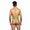 Man in bright green swimsuit with suspenders