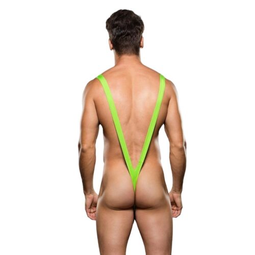 A man in a bright green thong with wide straps