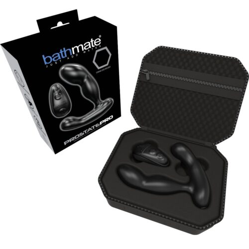 Bathmate Prostate Pro vibrating butt plug set in black, shown in a carrying case