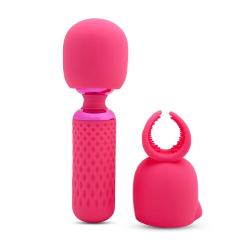 Nu Sensuelle Harlow Nubii Mini Wand Vibrator in pink, featuring a textured grip and an attachment, available at The Loving...