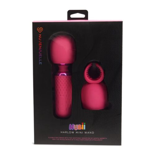 Nu Sensuelle Harlow Nubii Mini Wand Vibrator in pink, with male masturbator attachment