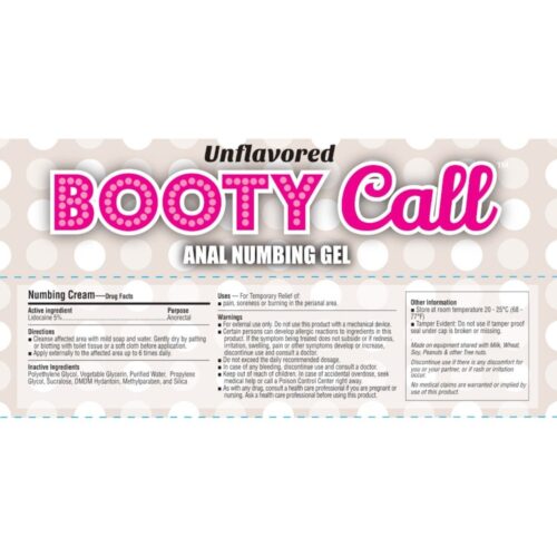 Discover relief with Booty Call Anal Numbing Gel, perfect for a more comfortable experience. Unflavored Booty Call Anal Numbing Gel, labeled with ingredients and usage instructions