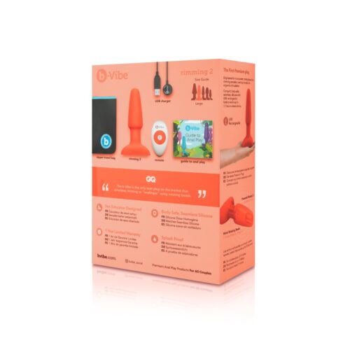 B-Vibe Rimming Vibrating Butt Plug box showing product details, remote, USB charger, and guide, available at The Loving Co...