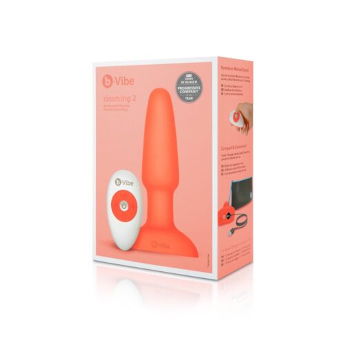 B-Vibe Rimming Vibrating Butt Plug packaging, showcasing the product and remote control