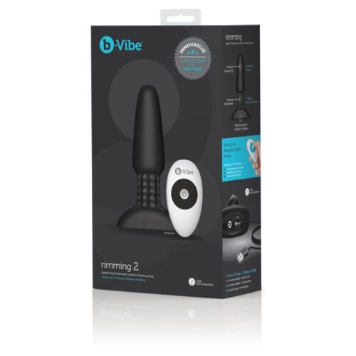 B-Vibe Rimming Vibrating Butt Plug with remote, shown in packaging
