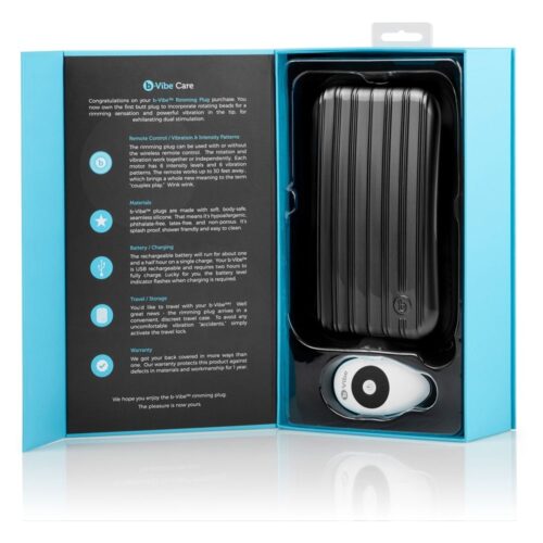 B-Vibe Rimming Vibrating Butt Plug in a black case with remote control
