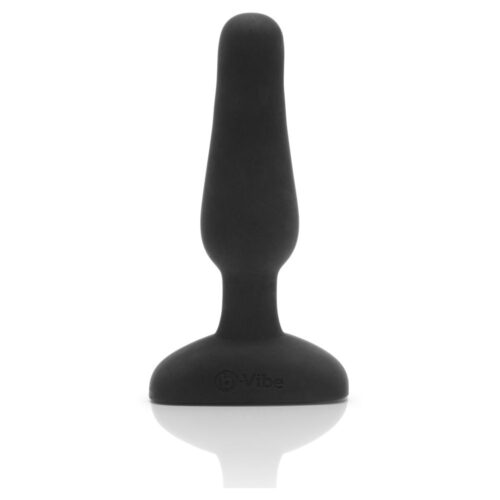 A sleek black anal plug, featuring a smooth design and broad base