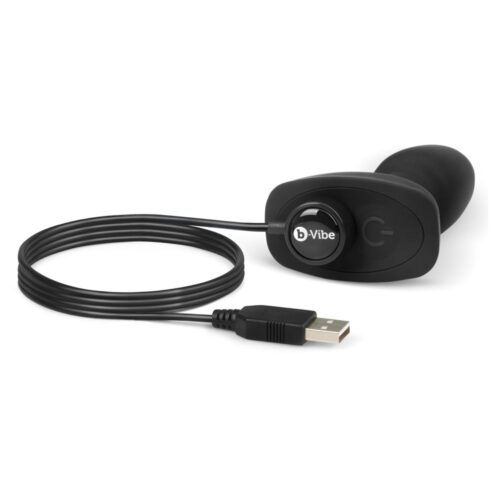 Black b-Vibe anal plug with a control box and USB cable