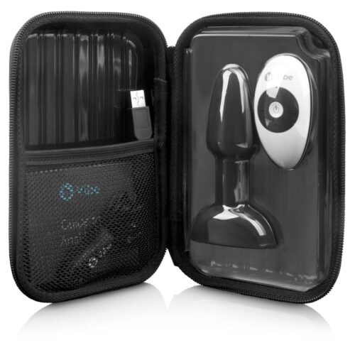 Black storage case with a toy and remote control