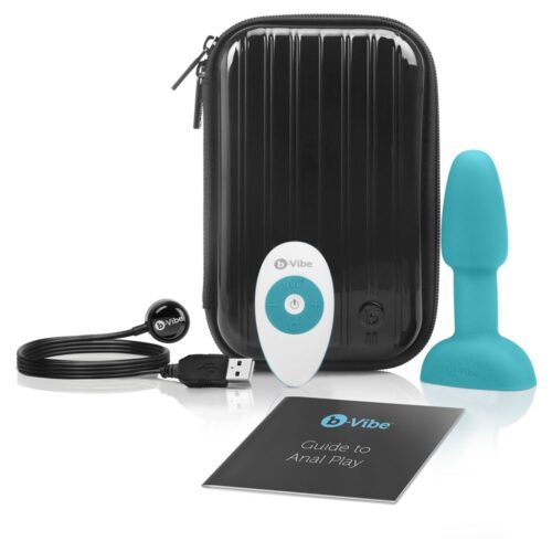 Black zippered case with a turquoise anal toy, remote control, USB cable, and a guidebook