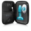 A blue vibrator and remote control inside a black zippered case