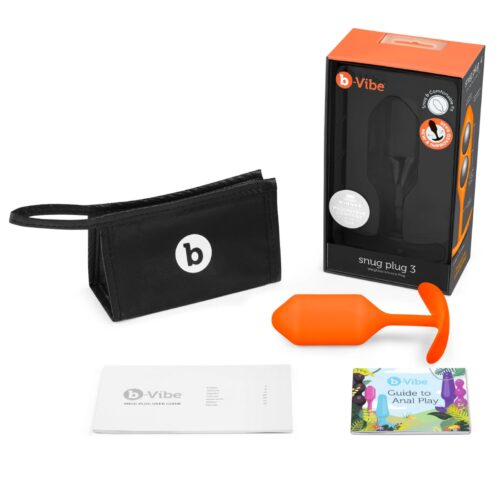 b-Vibe Snug Plug 3 in orange, storage pouch, user guide, and anal play guide