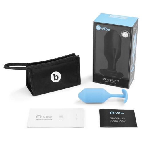 b-Vibe Snug Plug 3 in blue, user guide, and pouch