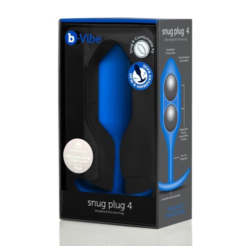 b-Vibe Snug Plug 4, a blue weighted silicone plug