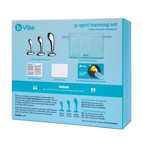 b-Vibe P-Spot Training Set with three stainless steel plugs, cleaning cloth, and storage bag, available at The Loving Comp...